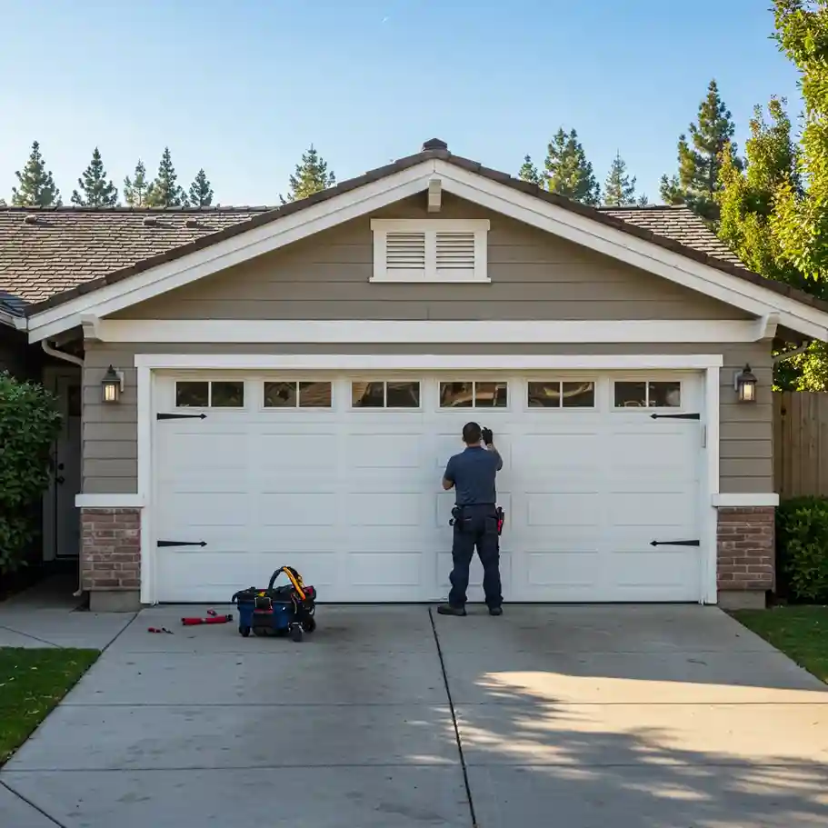 Technician performing garage door repair at a suburban home in Agoura Hills