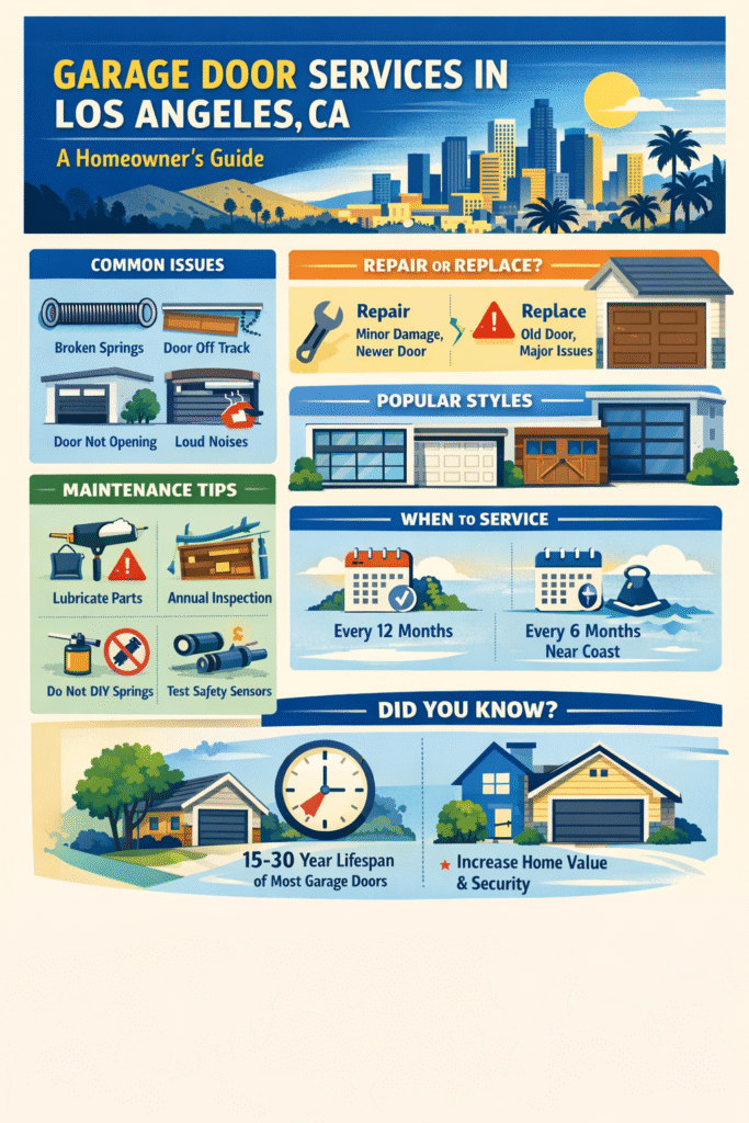 Visual guide showing garage door repair maintenance replacement options and safety tips for Los Angeles homeowners
